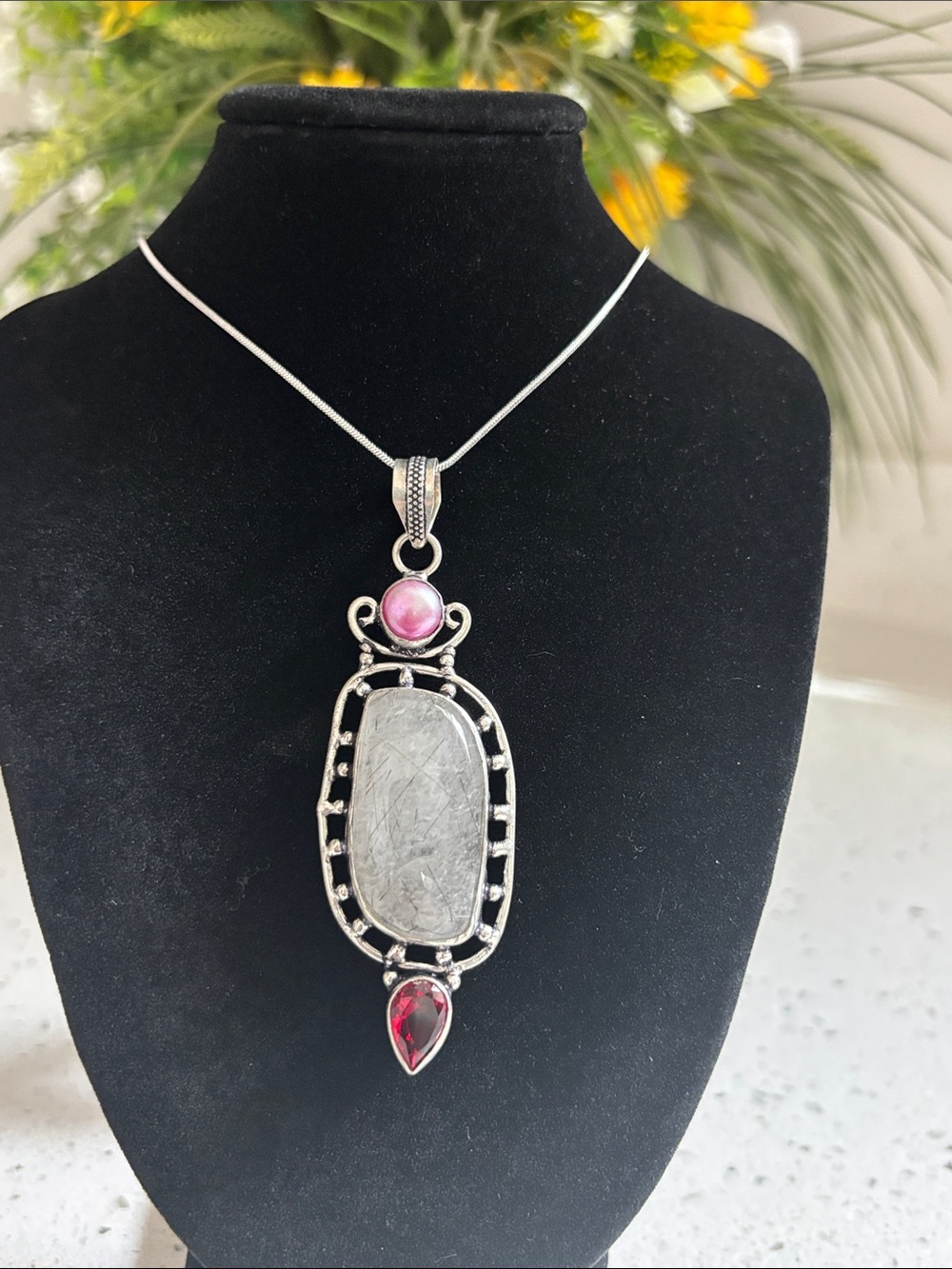 Sterling Silver Black Rutile Garnet Gemstone Pendant Necklace